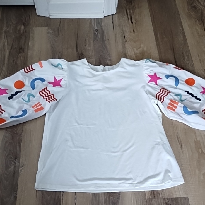 Thml Women's White Shirt With Colorful Patterned Sleeves